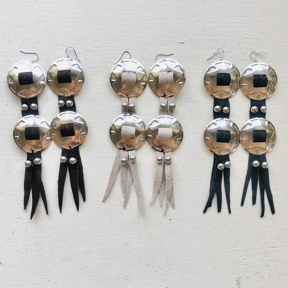 Handcrafted Off White Large Genuine Leather Western Silver Concho Earrings - Picture 7 of 10